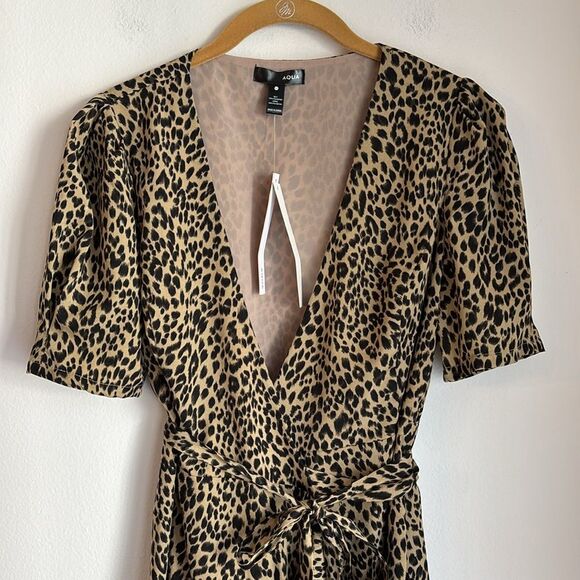 AQUA Women Leopard Print animal print short sleeve sexy Wrap Dress V-Neck XS NWT - Picture 4 of 11